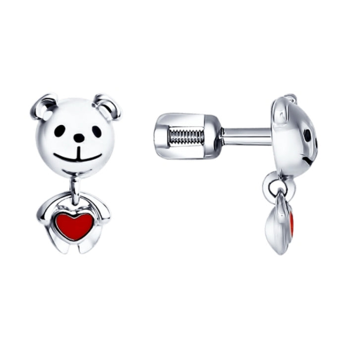 SOKOLOV - Kids Cute Bear Earrings - Silver 925 With Red Heart Enamel