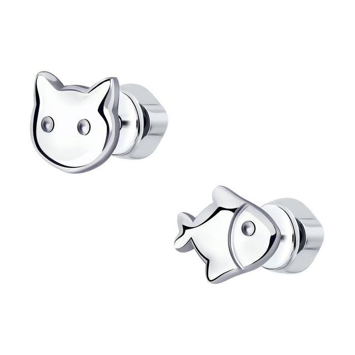 SOKOLOV - Silver Cat And Fish Stud Earrings
