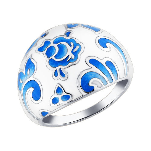 SOKOLOV - Thick Gzhel Design Ring - Sterling Silver 925 With Enamel, White And Light Blue