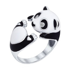 SOKOLOV - Panda Hug Ring - Sterling Silver 925 With Enamel And CZ, Black And White
