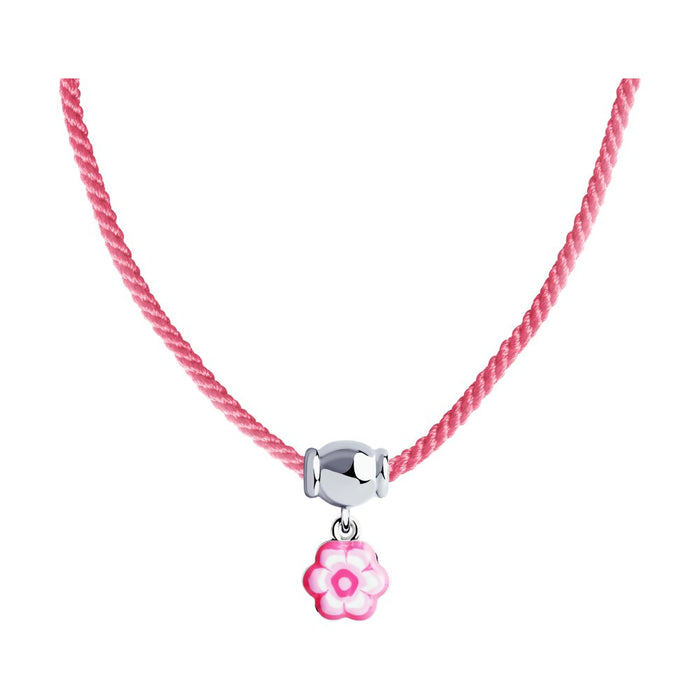 SOKOLOV - Pink Cord With Silver Flower Charm Girl Necklace, With Enamel