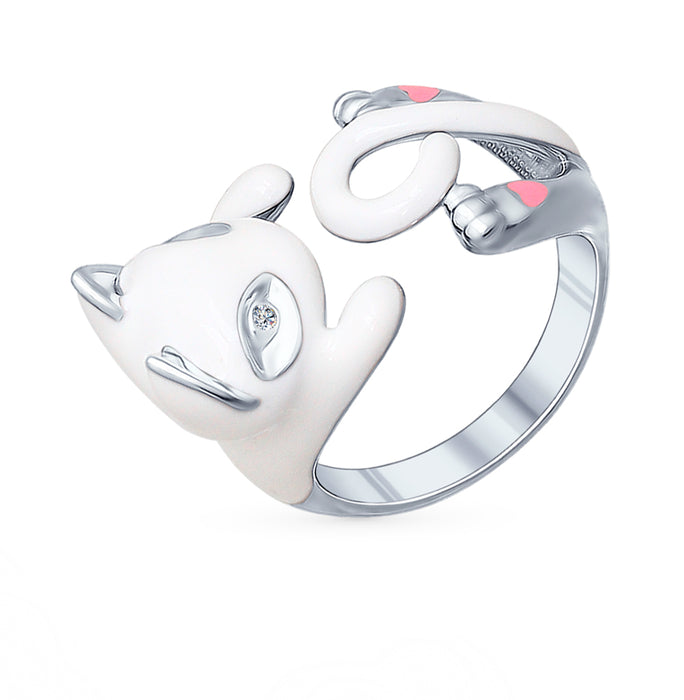 SOKOLOV - White Cat Hug Ring - Sterling Silver 925 With Enamel And CZ, White