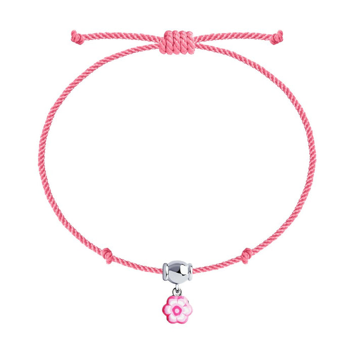 SOKOLOV - Pink Cord With Silver Flower Charm Girl Bracelet, With Enamel