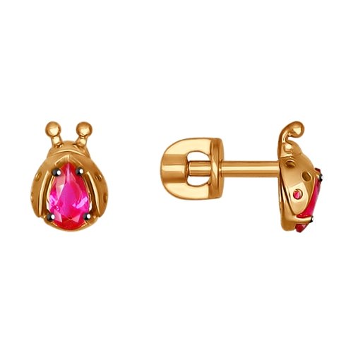 SOKOLOV - Gold Stud Ladybug Earrings With Cubic Zirconia Stones, Pink