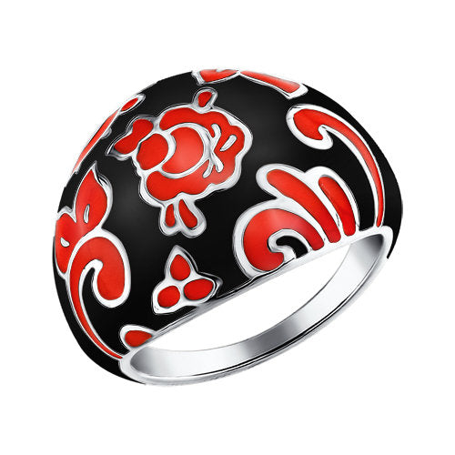 SOKOLOV - Thick Silver Ring With Khokhloma Styled Enamel, Red And Black