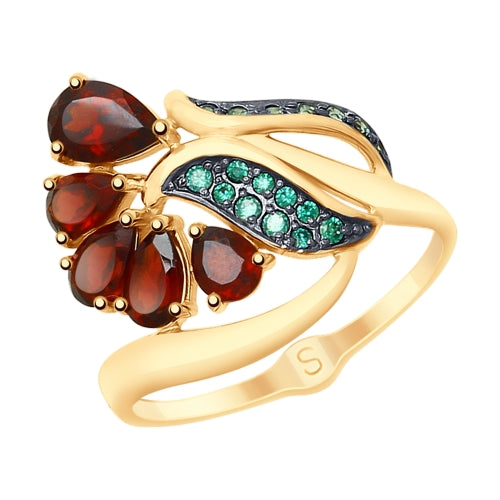 SOKOLOV - Flower Ring, 585 Gold With Red Garnets and Phianites