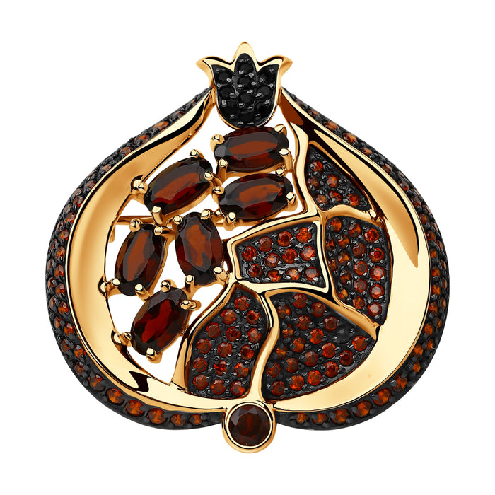 SOKOLOV - Pomegranate 585 Gold Brooch, With Red Garnets and Phianites