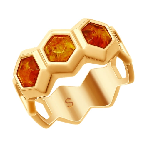 SOKOLOV - Amber Honeycomb Gold Plated Ring, Bees And Honey Collection