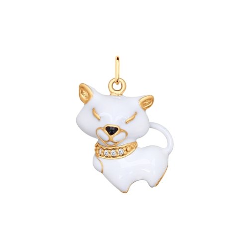 SOKOLOV - White Cat Pendant - Gold Plated Silver 925 With Cubiz Zirconia And Enamel, White