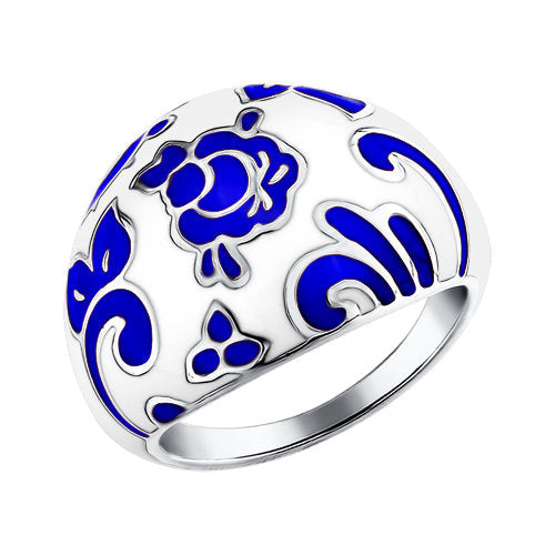 SOKOLOV - Thick Gzhel Design Ring - Sterling Silver 925 With Enamel, White And Blue