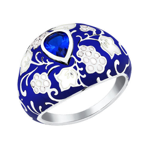 SOKOLOV - A La Russe Wide Ring - Sterling Silver 935 With CZ And Enamel, Blue