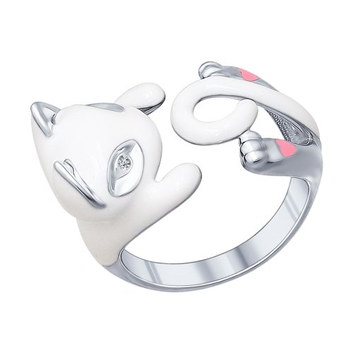 SOKOLOV - White Cat Hug Ring - Sterling Silver 925 With Enamel And CZ, White