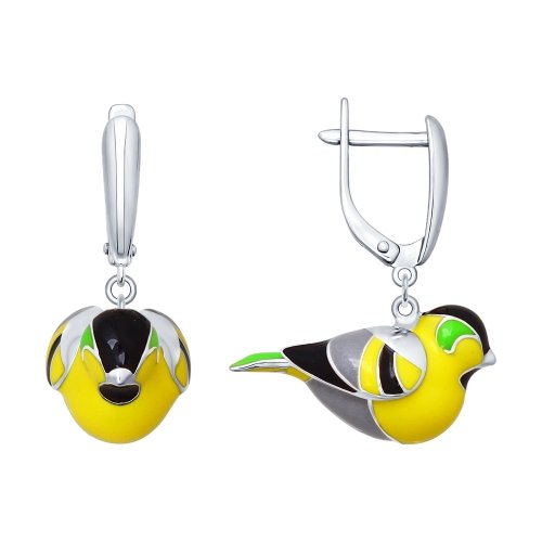 SOKOLOV - Finch Bird Earrings Silver And Enamel, Yellow And Grey