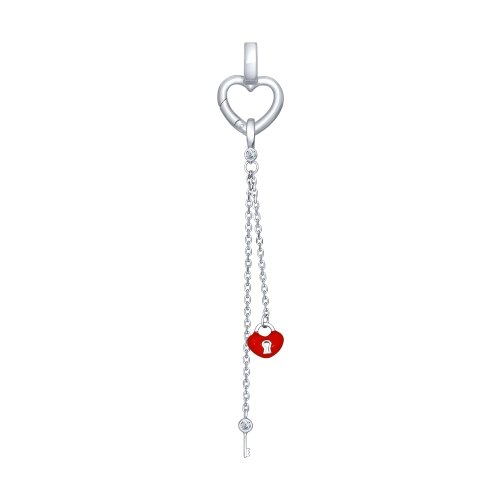 SOKOLOV - Heart And Key Pendant With Carabiner - Sterling Silver 925 With Cubic Zirconia And Enamel, Red