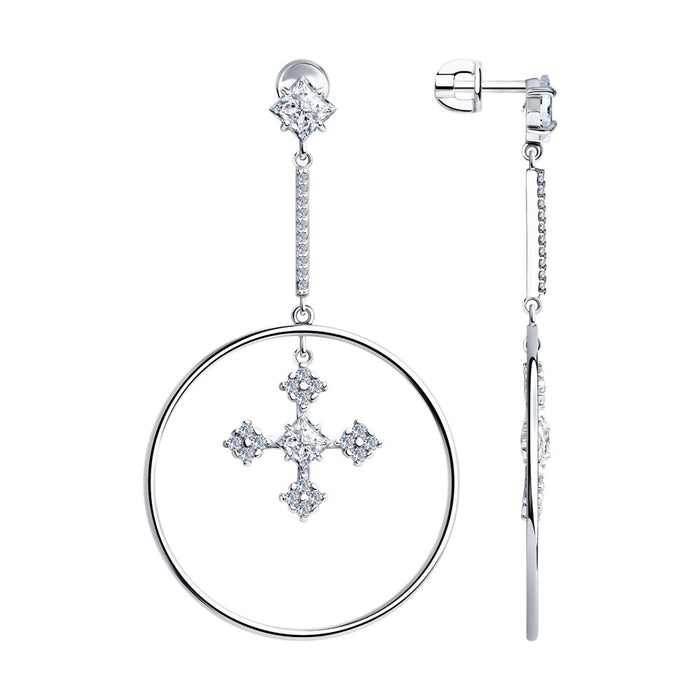 SKLV by SOKOLOV - Drop Cross Hoop Silver Earrings With Phianites