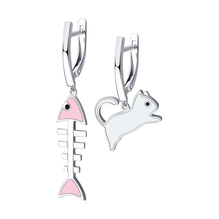 SOKOLOV - Silver Cat And Pink Fish Enamel Earrings