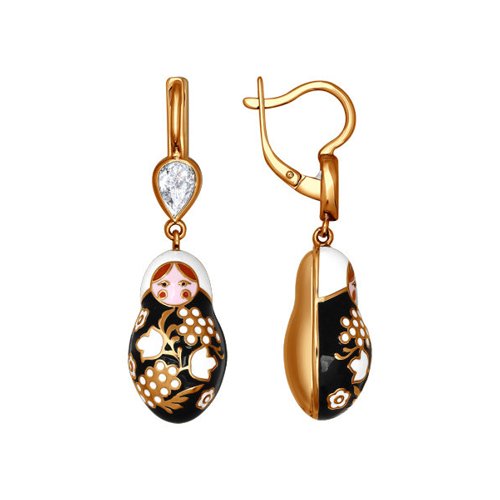 SOKOLOV - 925 Silver Gold Plated Matryoshka Earrings With Enamel, Black And White