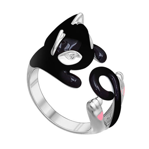 SOKOLOV - Black Cat Open Hug Ring - Sterling Silver 925 With Enamel And CZ, Black
