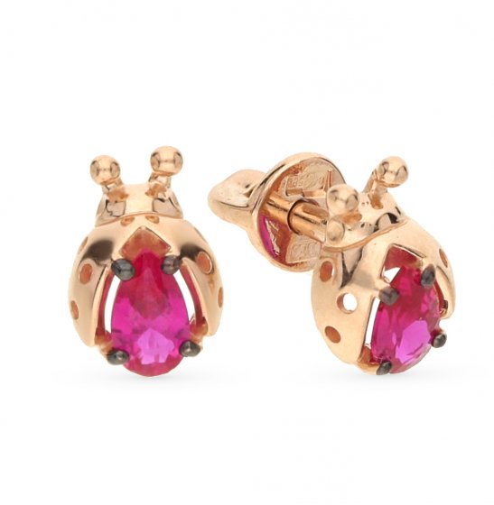SOKOLOV - Gold Stud Ladybug Earrings With Cubic Zirconia Stones, Pink