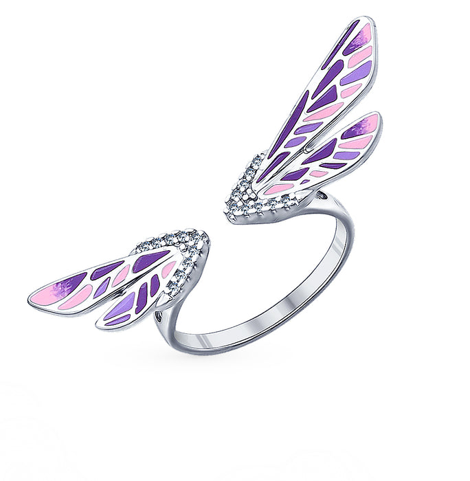 SOKOLOV - Dragonfly Wings Open Ring - Sterling Silver 925 With Enamel And CZ, Purple And Pink